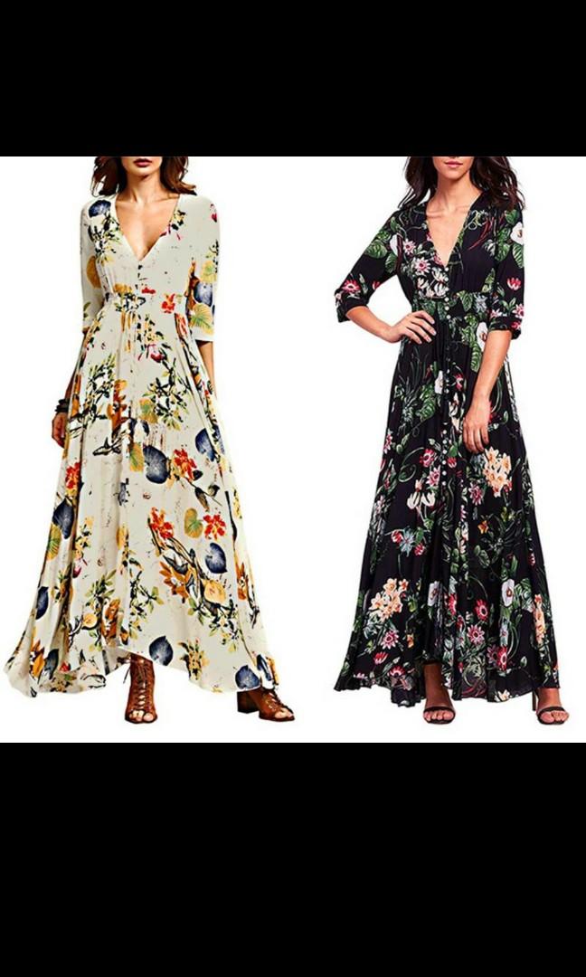 SS Bohemian Style Women's Button up Split Floral Print Flowy Party Maxi  Dress, Women's Fashion, Clothes, Dresses & Skirts on Carousell