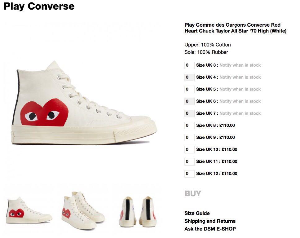 cdg converse size guide