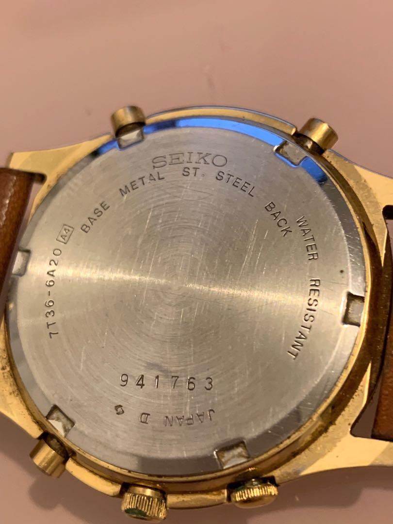 精工三針手錶Seiko 7T36-6A20 Moon Phase Chronograph Gold QUARTZ Watch, 名牌, 手錶-  Carousell
