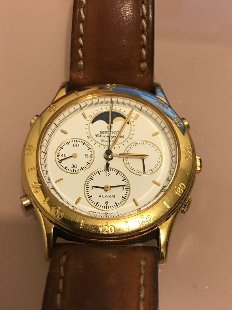 精工三針手錶Seiko 7T36-6A20 Moon Phase Chronograph Gold QUARTZ Watch, 名牌, 手錶-  Carousell