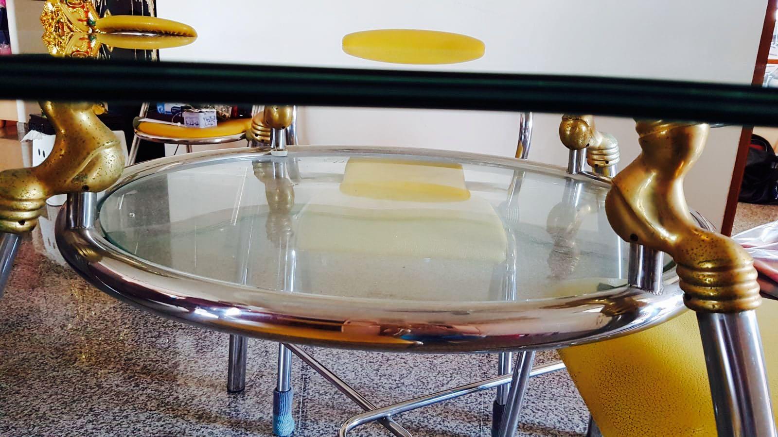 Dining Table (Category: Tables & Sets) located in Singapore. Submitted by clouds4188 (Listing ID 241188879, Image 2). Description: PRELOVED DINING TABLE Diameter approx 127cm with 4 chairs ($45) 2 stools $5 each Not for fussy buyer, condition: 7/10. Selling as we are under-going renovation. Self collect @ Pasir Ris .