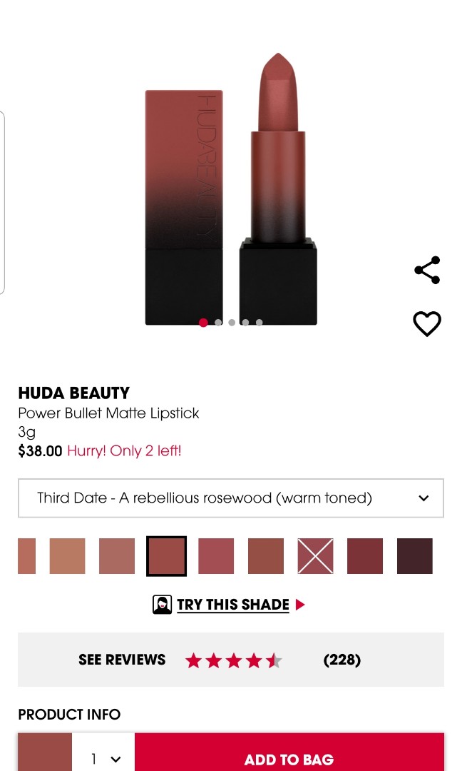 HUDA BEAUTY Power Bullet Matte Lipstick Third Date, Beauty & Personal