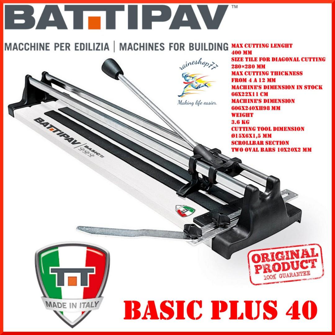 Manual Tile Cutter Battipav Italy 400mm (Category: Construction Tools & Equipment) located in Manila. Submitted by raineshop77 (Listing ID 241108593, Image 1). Description: Manual tile cutter for diagonal and straight cuts on single-double fired ceramic and gres. Diagonal fence included. – Cutting length up to 400 mm – Size tile for diagonal cutting: 28 x 28 cm Cutting wheel Ø 15 mm. Sliding carriage on oval chromium plated bars and base in shape