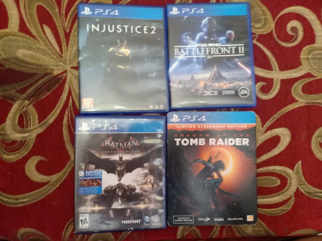 Used games (Category: PlayStation) located in Pulilan. Submitted by ronrussellruiz (Listing ID 241198223, Image 1). Description: 3800 bundle of 4 Sottr-1600 Batman -700 Injustice 2 -900 Battlefront 2- 900.