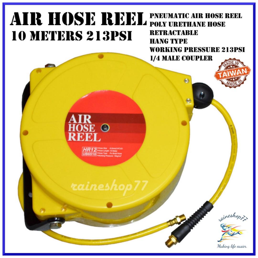 Air Hose Reel Retractable 10 Meters (Category: Construction Tools & Equipment) located in Manila. Submitted by raineshop77 (Listing ID 241380571, Image 1). Description: Air Hose Reel Retractable Air Hose 10 meters Brand New Made in Taiwan LOTA Automatic hose reel for compressor. High quality special plastic material durable construction. Working Temperature : -5℃ ~ +60℃ Hose Material: polyurethane braid hose Inlet & outlet hose thread 1/4" Maximu