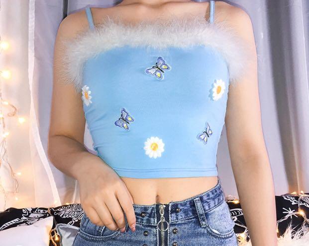 BABY BLUE FAUX FUR CROP TOP WITH CUTE DETAILING, Women's Fashion, Tops,  Others Tops on Carousell