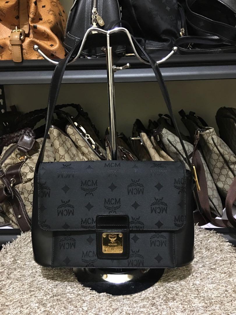 MCM black nylon/leather shoulder bag original germany, Luxury, Bags & Wallets on Carousell