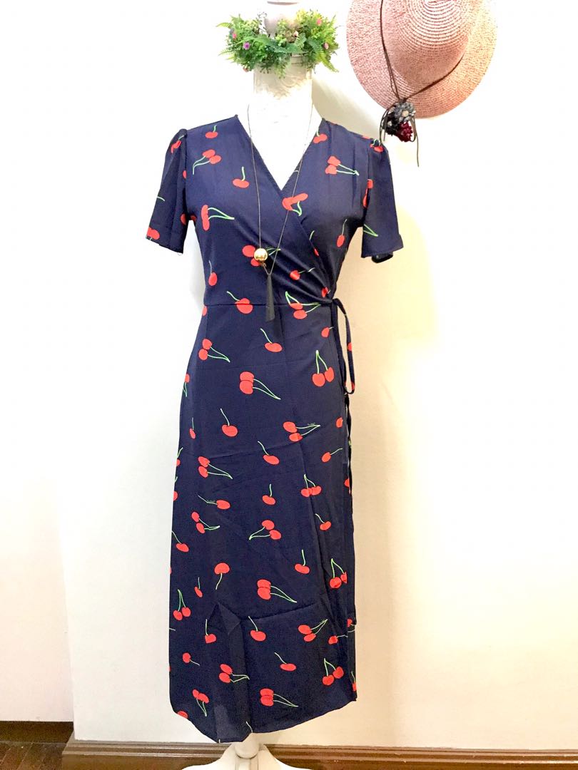 Navy blue cherry dress clearance