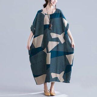Plus Size Geometric Cotton Dress Summer Print Long Short Sleeve Skirt Irregularity