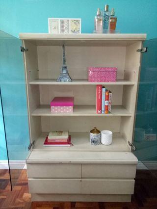 white ikea design glass shelf and drawer cabinet