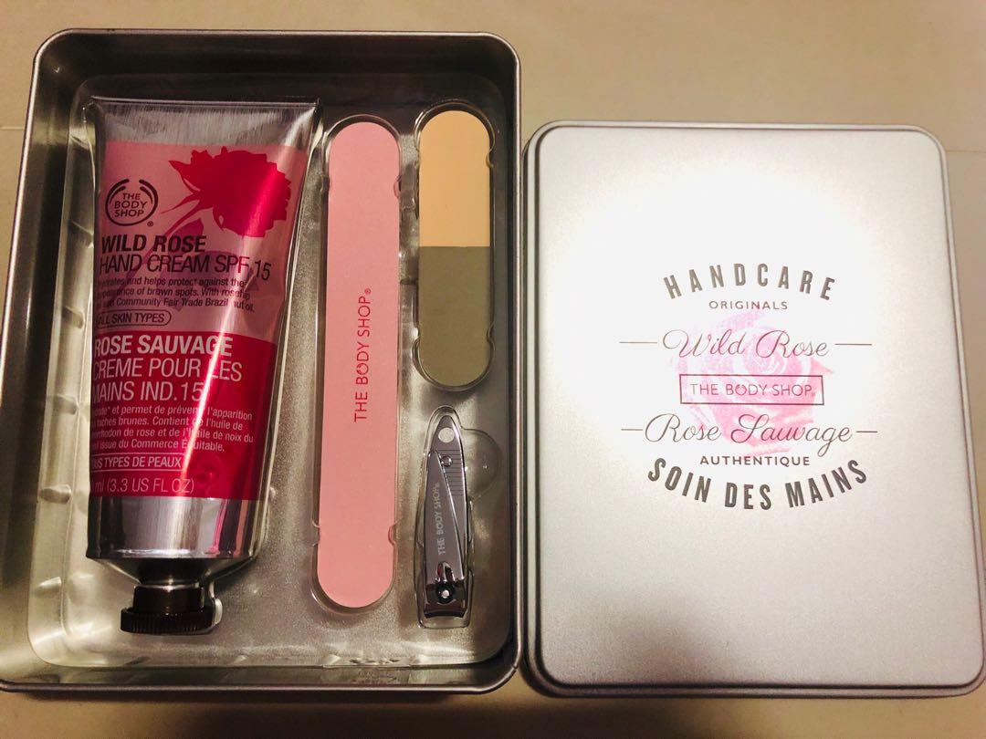 Brand BODYSHOP Wild Rose Manicure set (4 items) in metal gift box, & Personal Care, Face, Face Care on Carousell