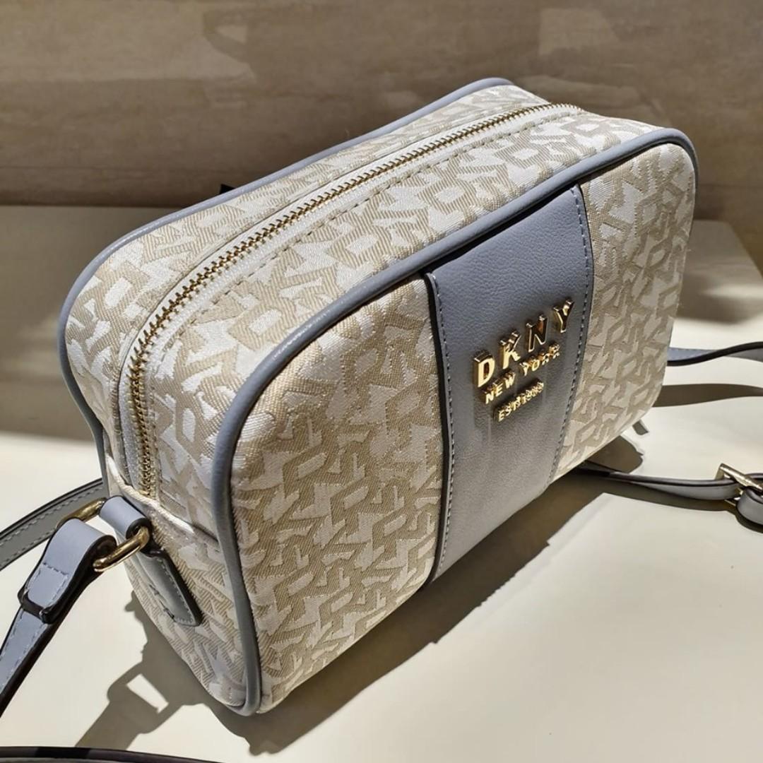 DKNY Noho Camera Bag T&C Logo Light Blue/Beige, Women's Fashion, Bags
