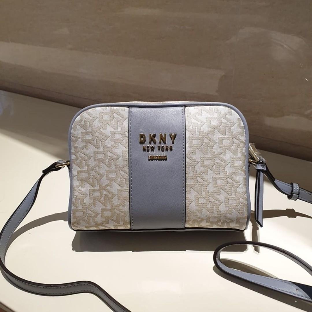 DKNY Noho Camera Bag T&C Logo Light Blue/Beige, Women's Fashion, Bags