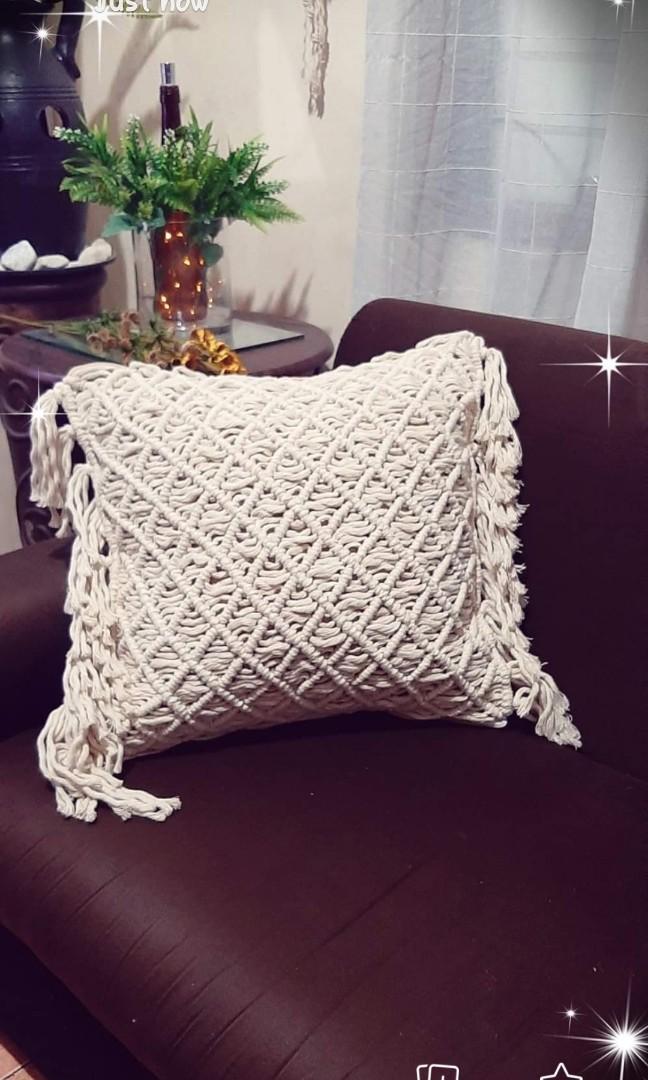 Macrame pillow cover (Category: Cushions & Throws) located in Binan City. Submitted by relizas_modern_macrame (Listing ID 241418671, Image 2). Description: Zipper opening Dimension 18" x 18" inches With 5" tassles side to side Cotton rope Color: natural.