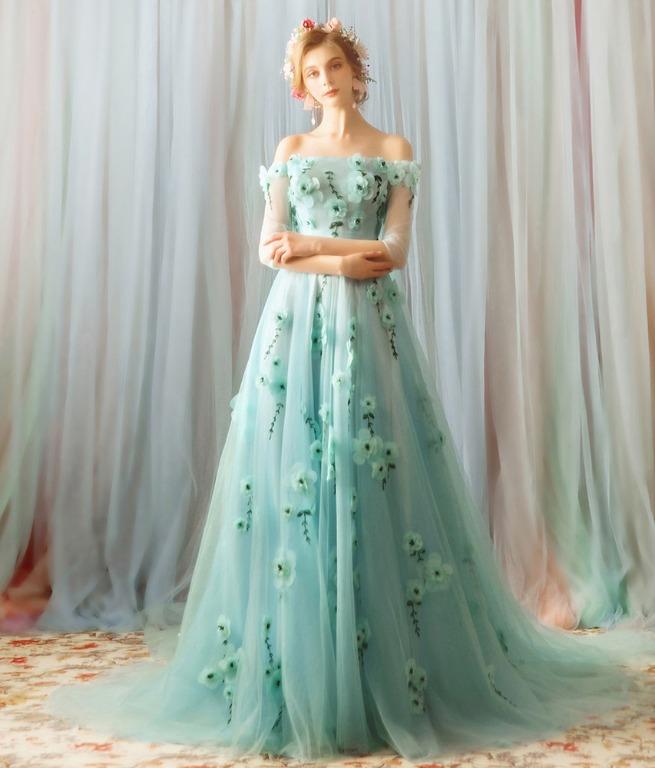 sachin and babi light blue dress pre order green fairy cape wedding bridal gown dress RB1213, Women's  Fashion, Dresses & Sets, Evening Dresses & Gowns on Carousell
