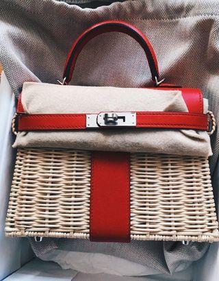 A LIMITED EDITION BLEU BRUME SWIFT LEATHER & OSIER MINI PICNIC KELLY WITH  PALLADIUM HARDWARE
