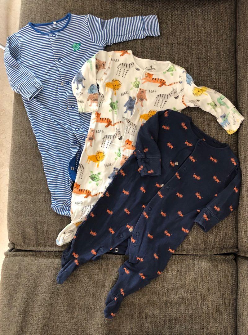 3 Sleepsuits with fold over mittens and 