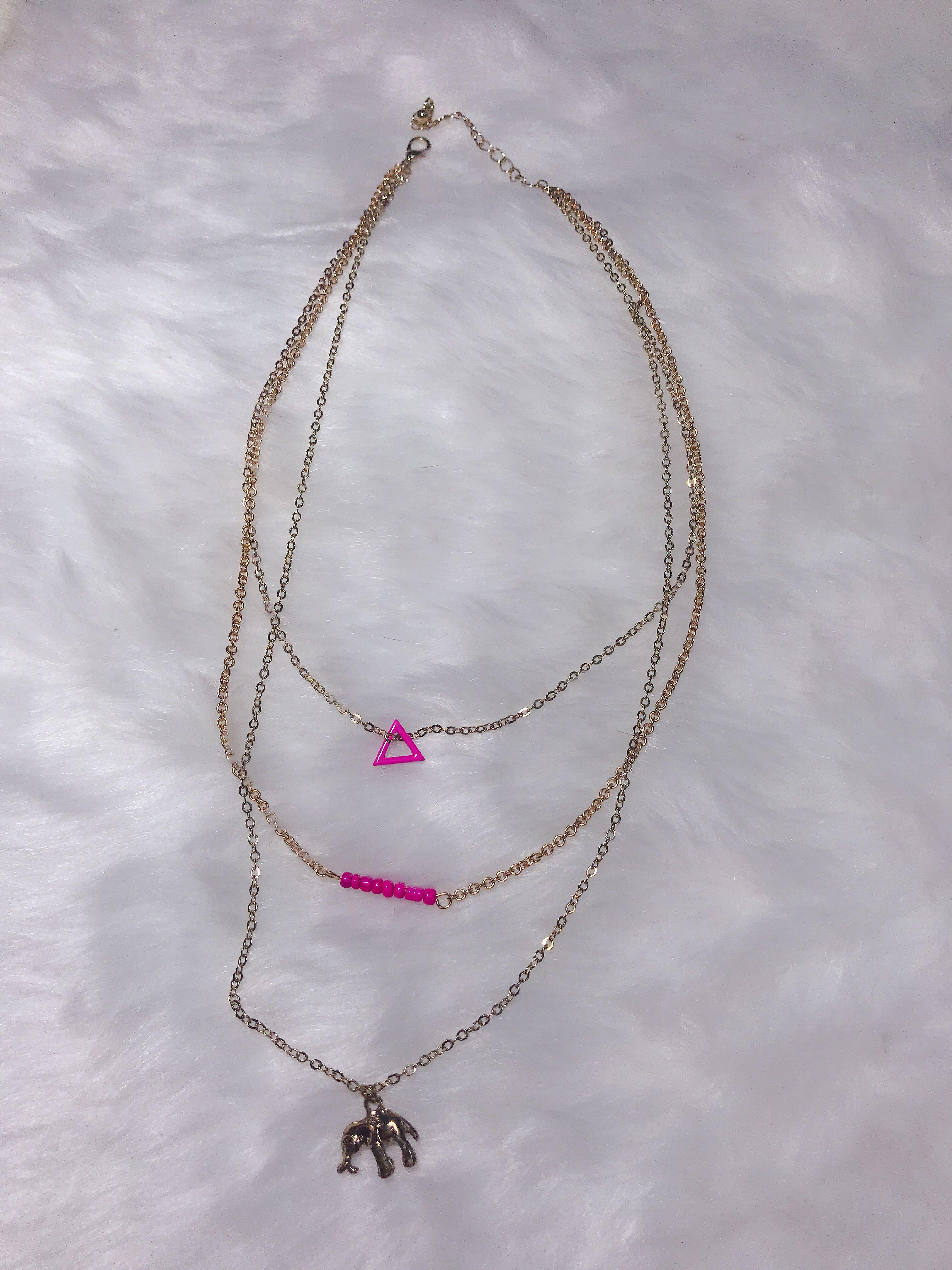 Claire S Vintage Bohemian Style Pink Triangle Pendant Pink Beads And Elephant Charm 3 Layer Necklace Women S Fashion Jewellery On Carousell