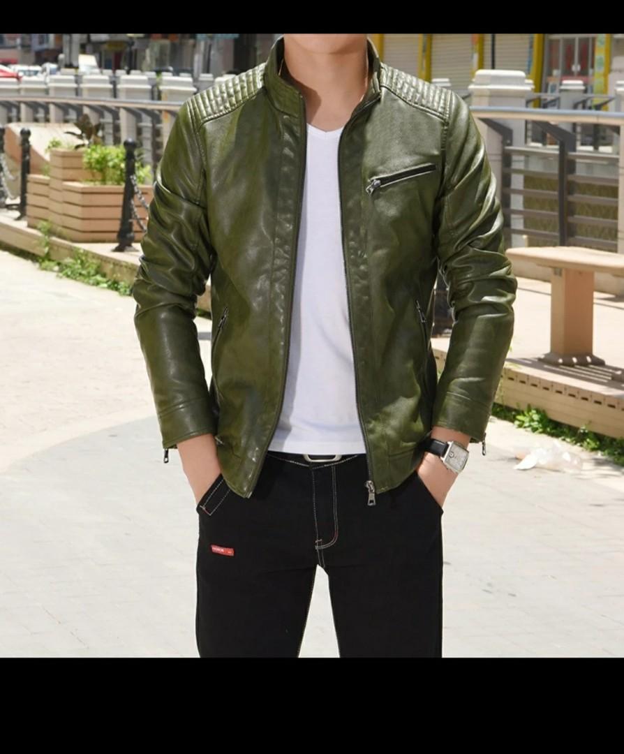 Dark green store leather jacket mens