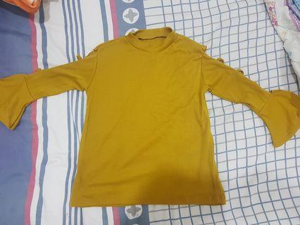 Mustard top with flare and cutout sleeves