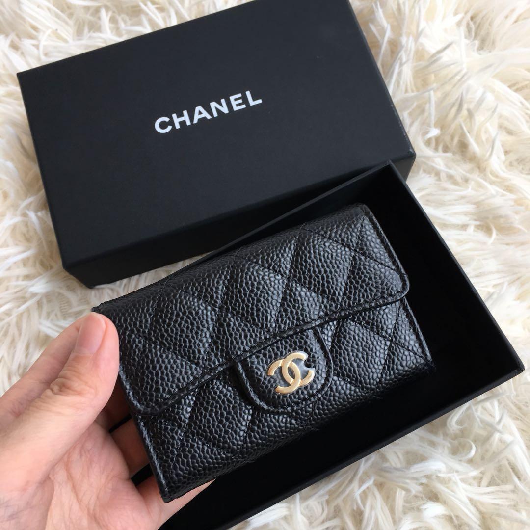 ✨全新現貨Chanel AP0214黑菱格紋金釦零錢包/名片夾✨, 名牌精品, 精品包與皮夾在旋轉拍賣