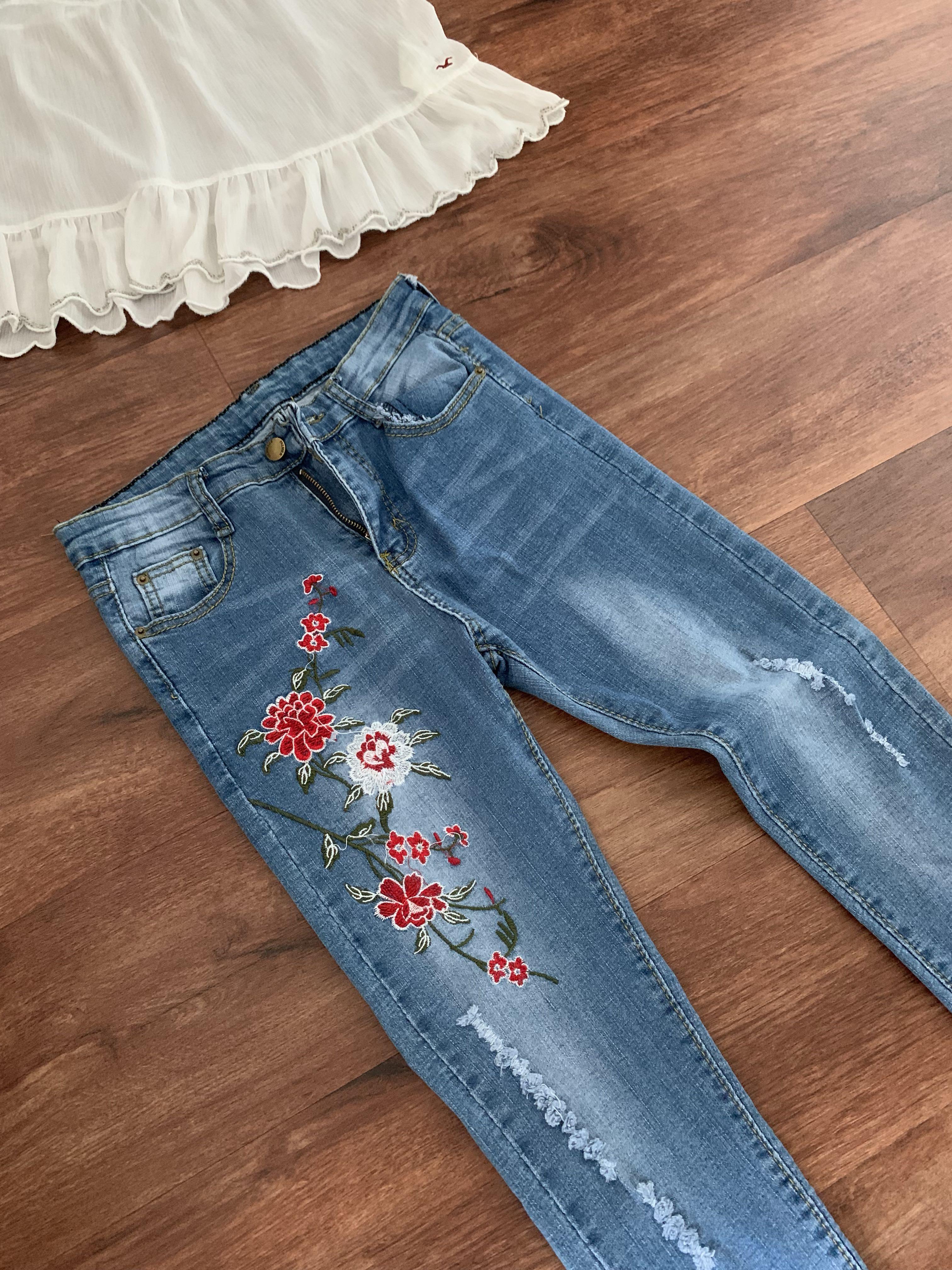 Lovet Floral Embroidery Jeans Women S Fashion Clothes Pants Jeans Shorts On Carousell
