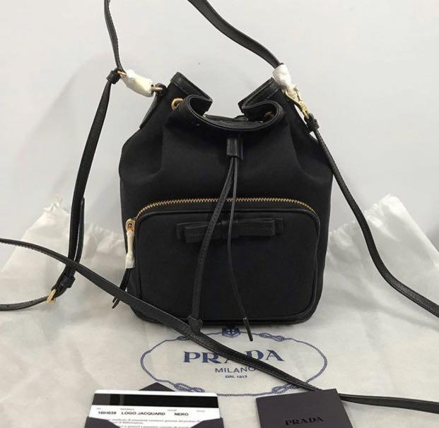 prada logo jacquard bucket bag