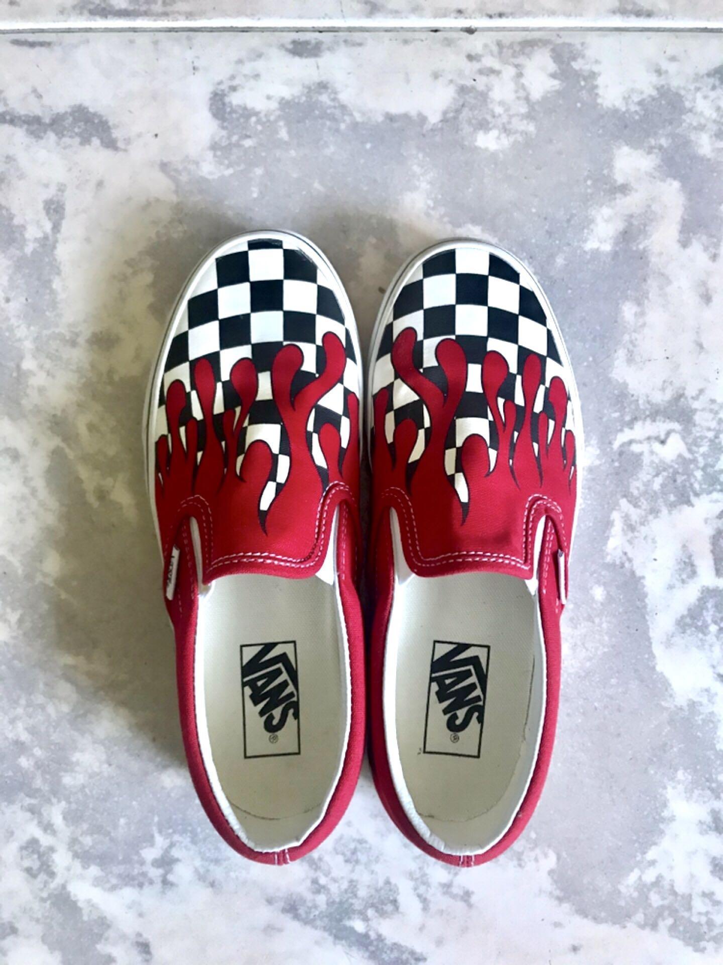 flame checkered slip on vans