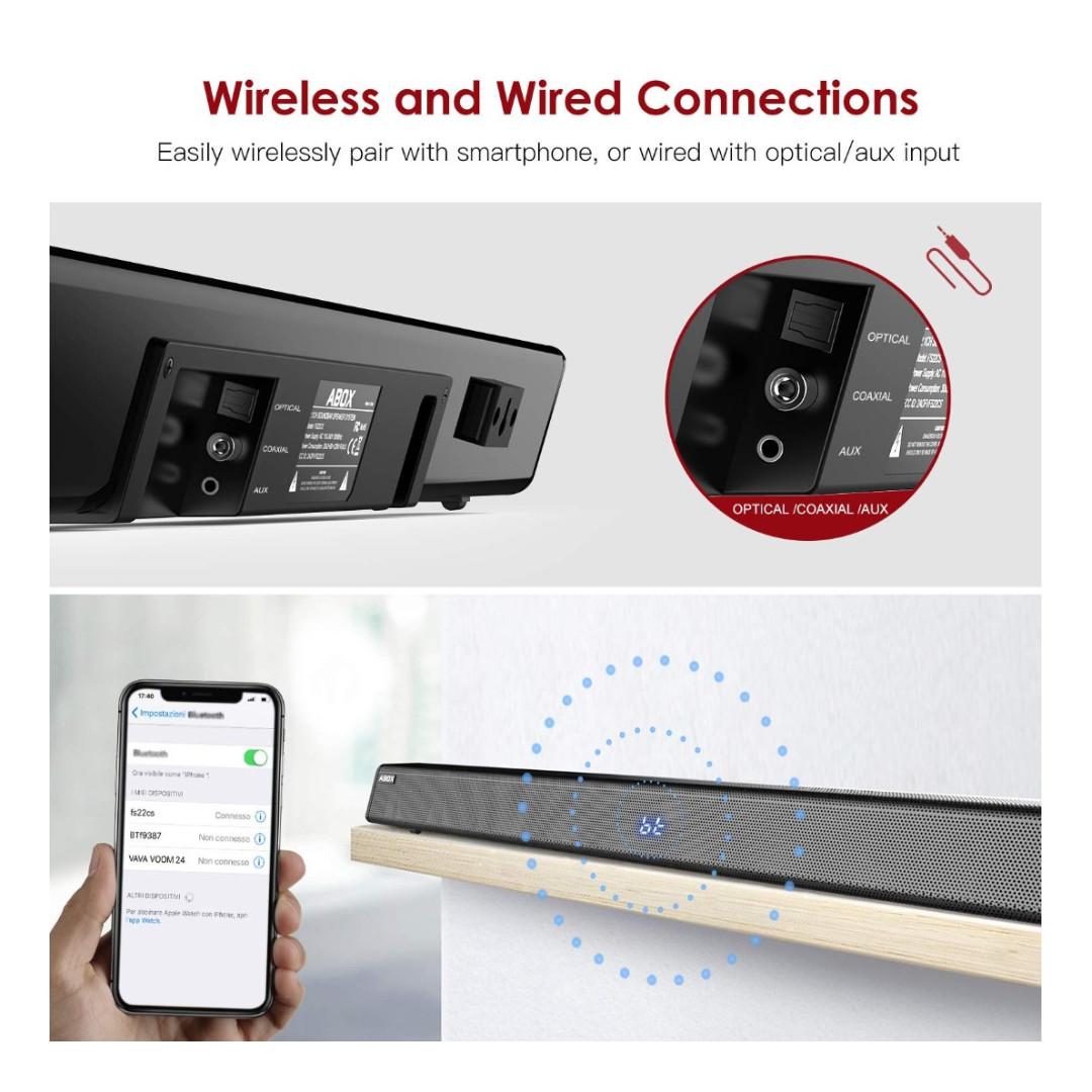 (K571) 2.1 Channel Soundbar with Subwoofer, ABOX 120W Sound Bar for TV