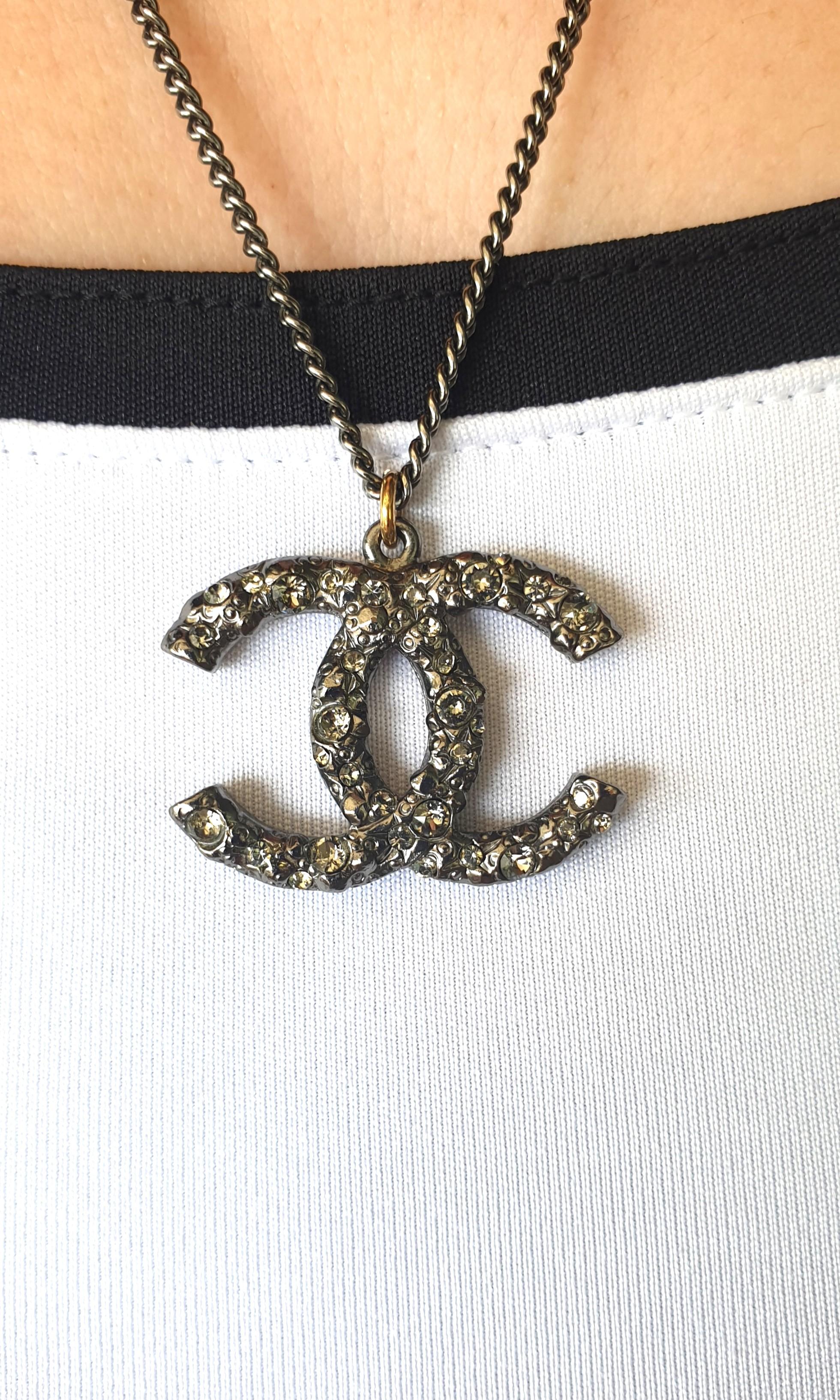 Chanel Black Enamel CC Logo and Camellia Pendant Necklace