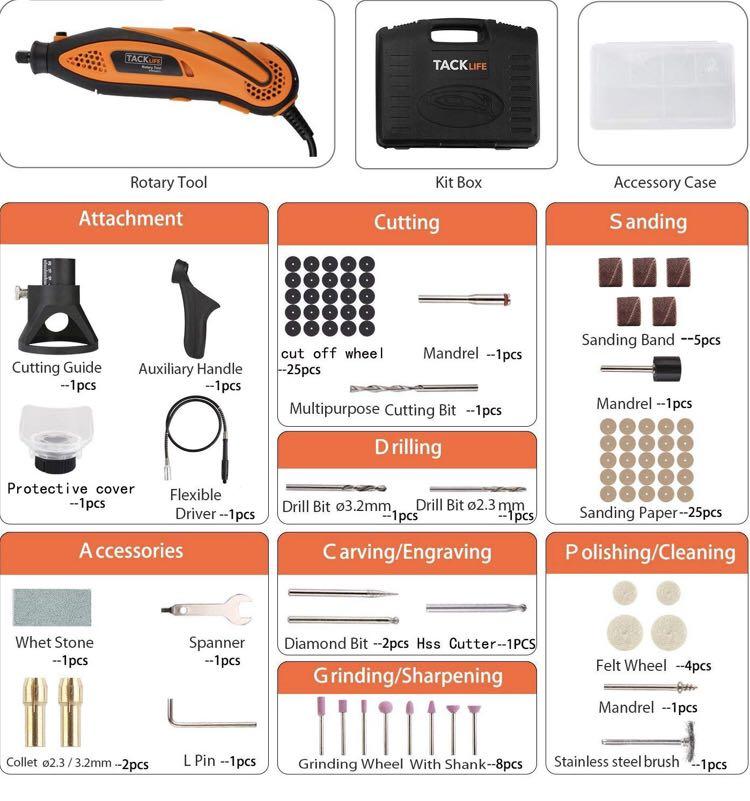 TACKLIFE Rotary Tool Kit Variable Speed with Flex shaft, 80 Accessories