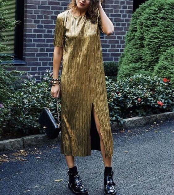 Gold pleated discount dress zara