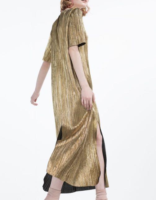gold pleated dress zara