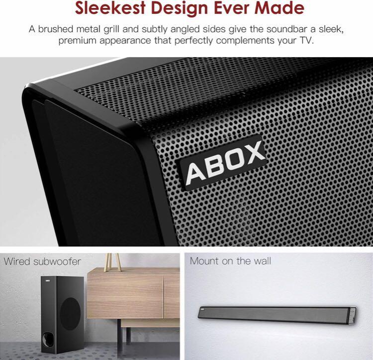 ABOX Soundbar 2018 120W 2.1 Channel Sound Bar with Subwoofer and Bluetooth 4.2 Home Theatre Surround Sound 5 Inputs and Remote Control Wall