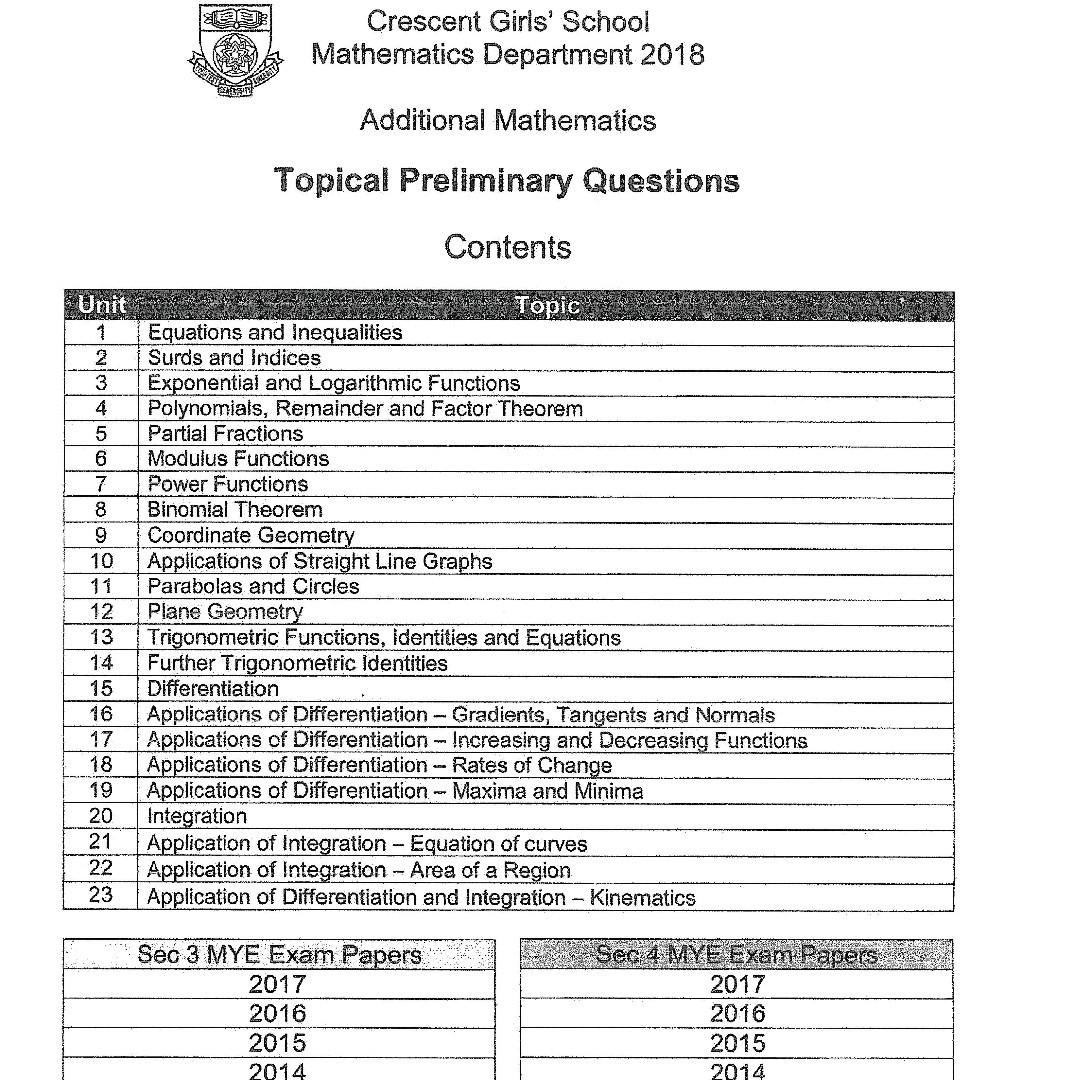 Cgs O Level Amath Topical Prelim Revision Additional Maths Exam Paper Prelim Paper Books Stationery Textbooks Secondary On Carousell