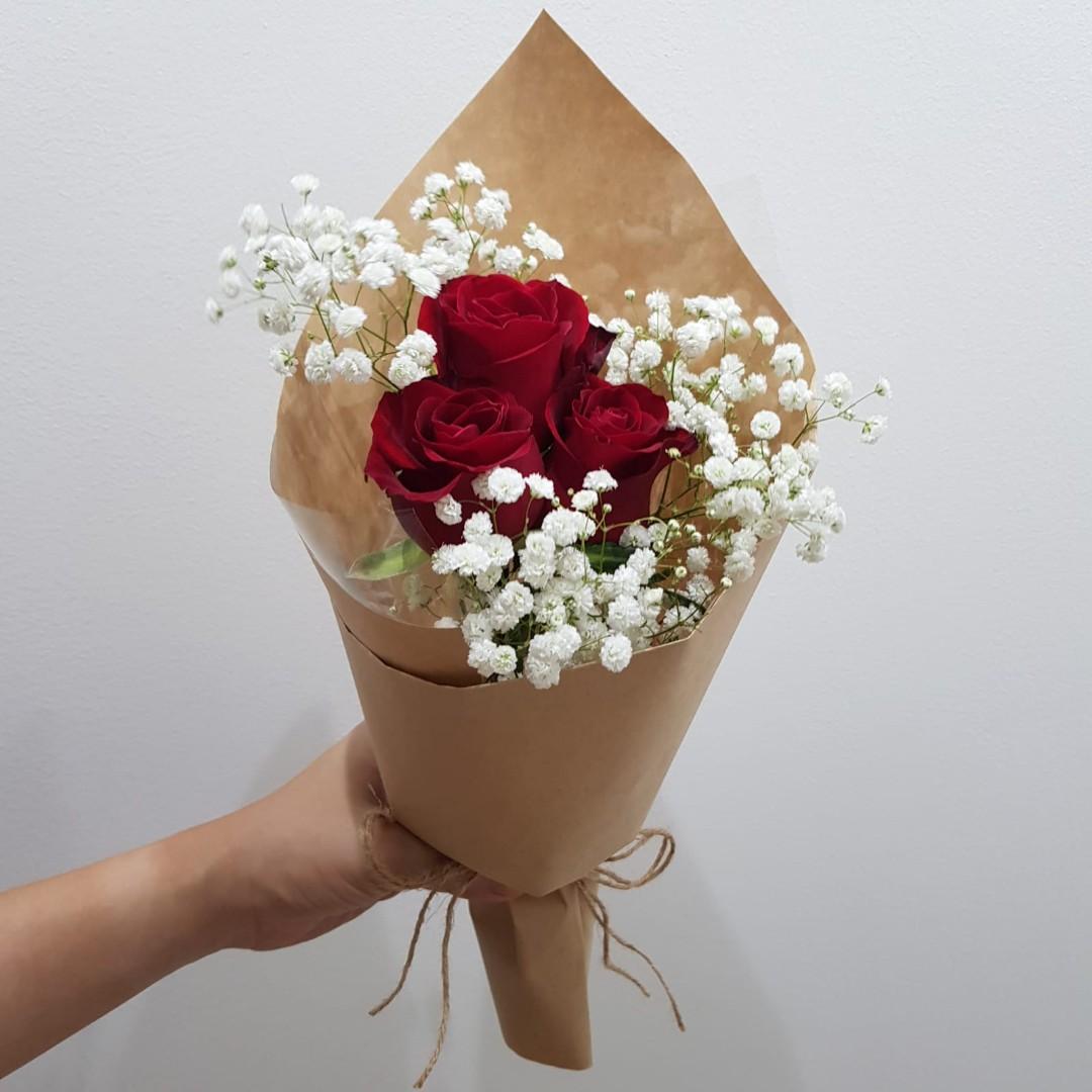 Gorgeous Af 3 Stalk Red Rose With White Baby S Breath In A Slim Bouquet Gardening Flowers Bouquets On Carousell