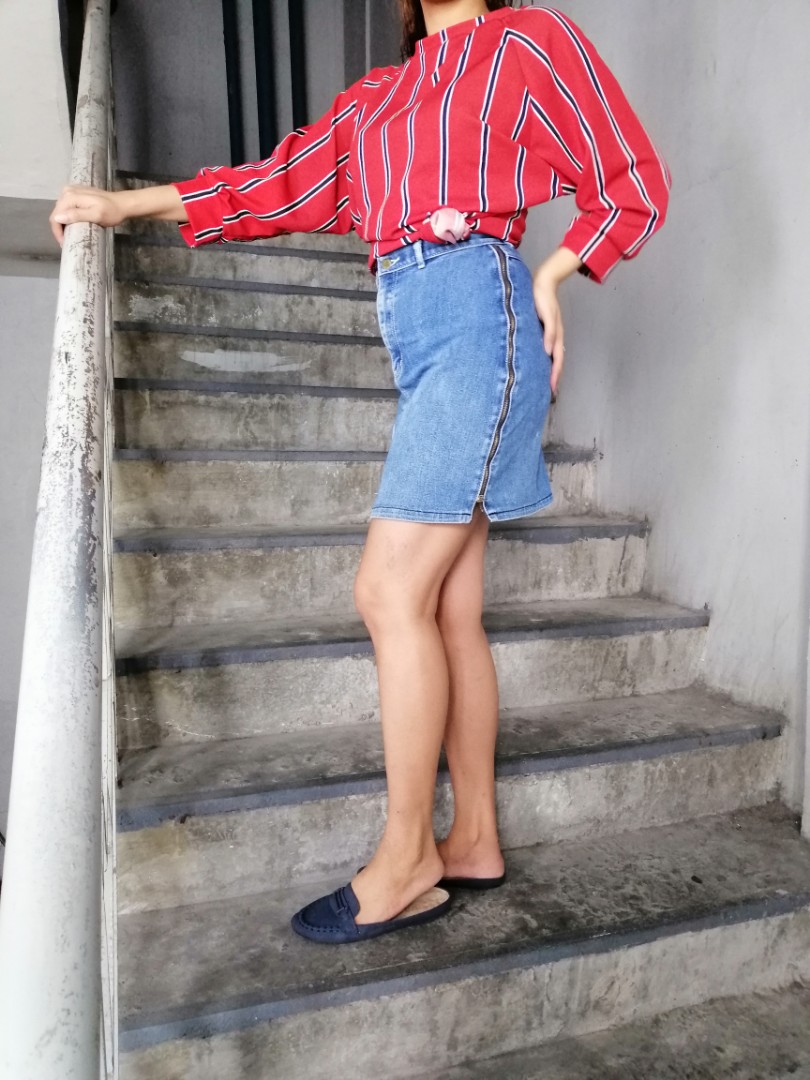 denim skirt and striped top