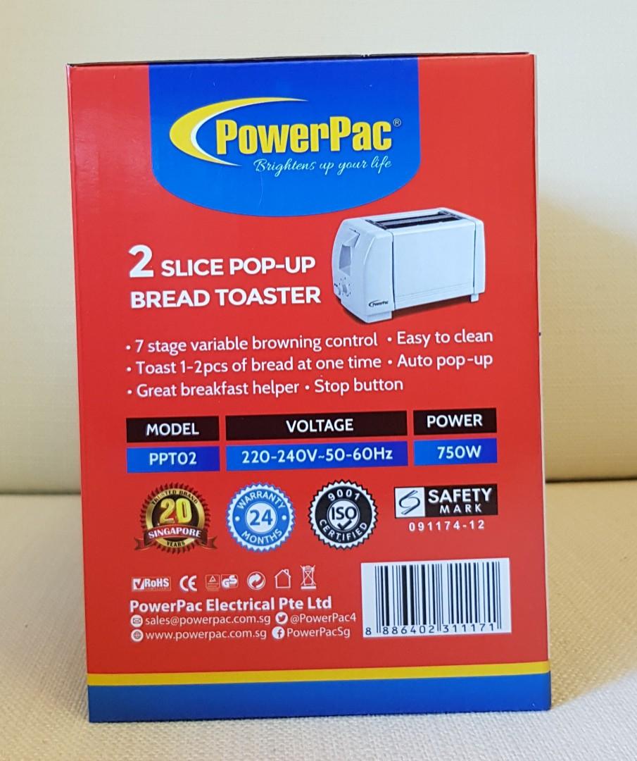 PowerPac 2 Slice Popup Bread Toaster, Home Appliances, Kitchenware on