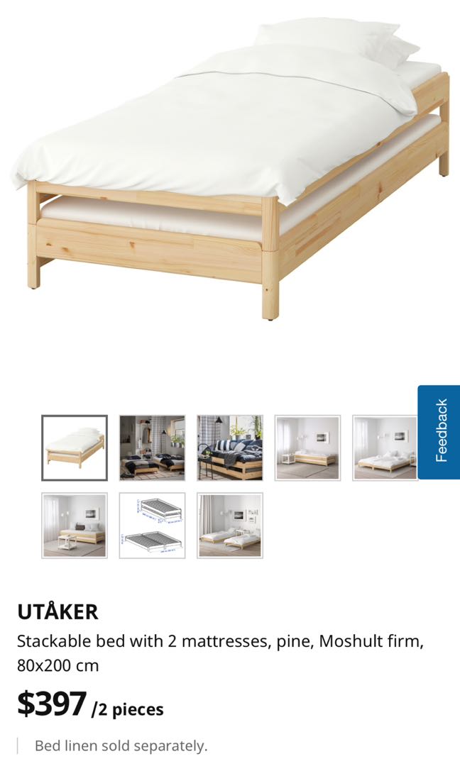 Utaker Ikea stackable bed with 2 fitted mattress, Furniture & Home