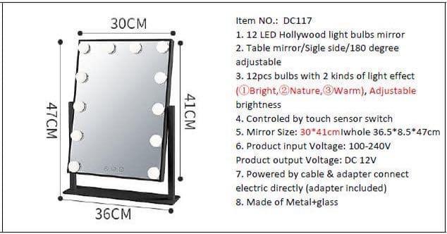 Vanity Mirror (Category: Makeup) located in Quezon City. Submitted by iamkitkat (Listing ID 242505718, Image 3). Description: Stay Chic TOUCHSCREEN LED VANITY MIRROR ❤️ - 12 LED HOLLYWOOD LIGHT BULBS MIRROR - TABLE MIRROR / SIGLE SLIDE / 180 DEGREE ADJUSTABLE - 12 PCS BULBS WITH 2 KINDS OF LIGHT EFFECT - BRIGHT . NATURE . WARM ( ADJUSTABLE BRIGHTNESS) - CONTROLED BY TOUCH SENSOR SWITCH - MIRROR SIZE: 30x41cm | Whole 36.5x8.5x47cm - INPUT VOLTAGE: