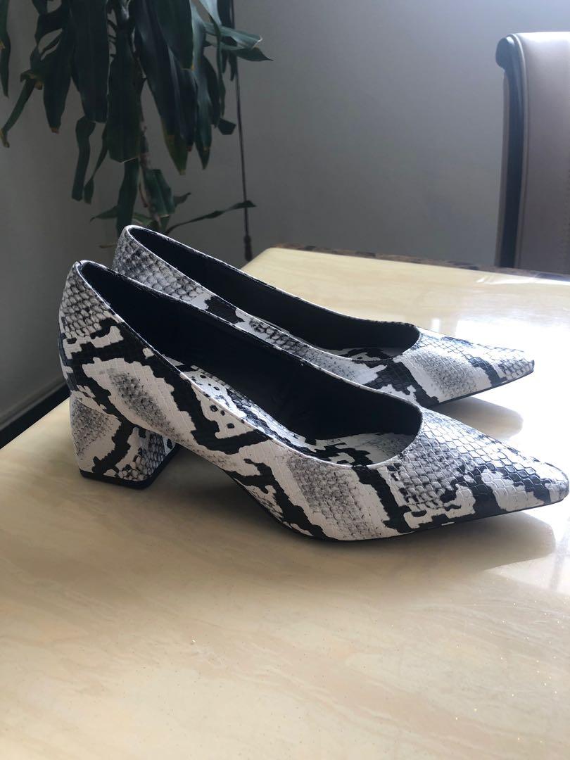grey snake print block heels