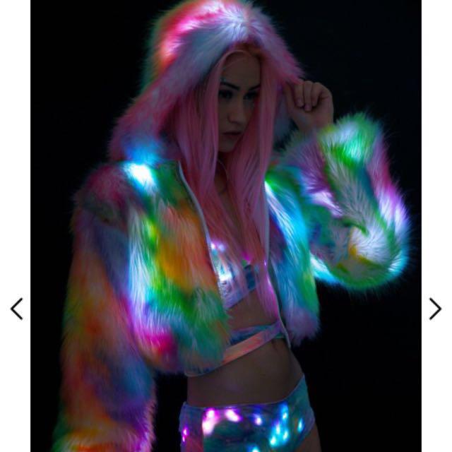 Dolls Kill J Valentine Rainbow Sherbet Crop Light Up Faux Fur