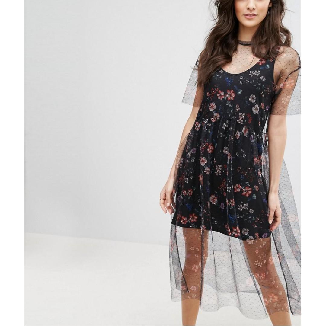 black floral embroidered mesh dress