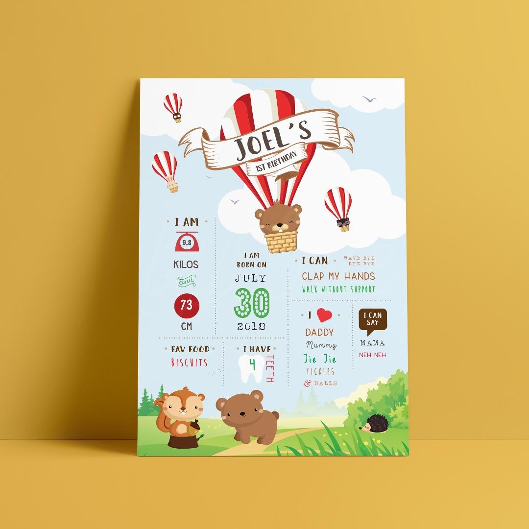 Milestone Board Hot Air Balloon Woodland Animals Design