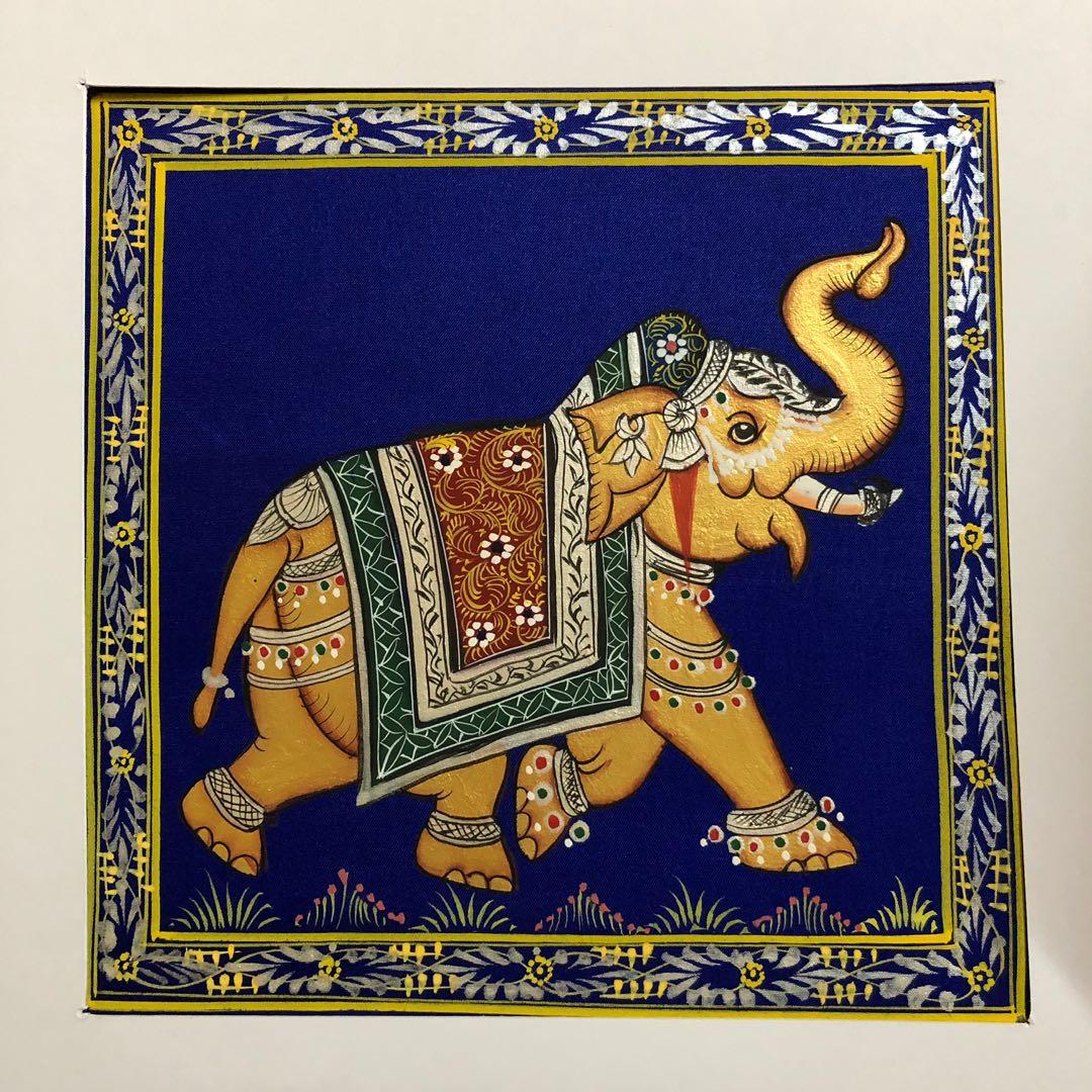 Beautifully Intricate Elephant Painting On Royal Blue Silk Cloth