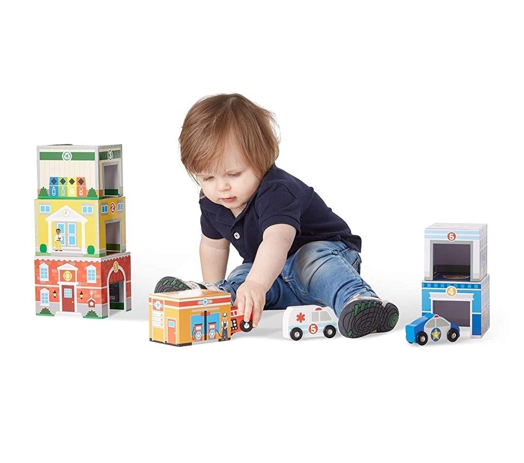 BN Melissa Doug Nesting and Sorting Blocks 6 Buildings Garage 6 Wooden Play Vehicles Police Car Fire Engine Ambulance School Bus Tow Truck Recycling Van Hobbies Toys Toys Games