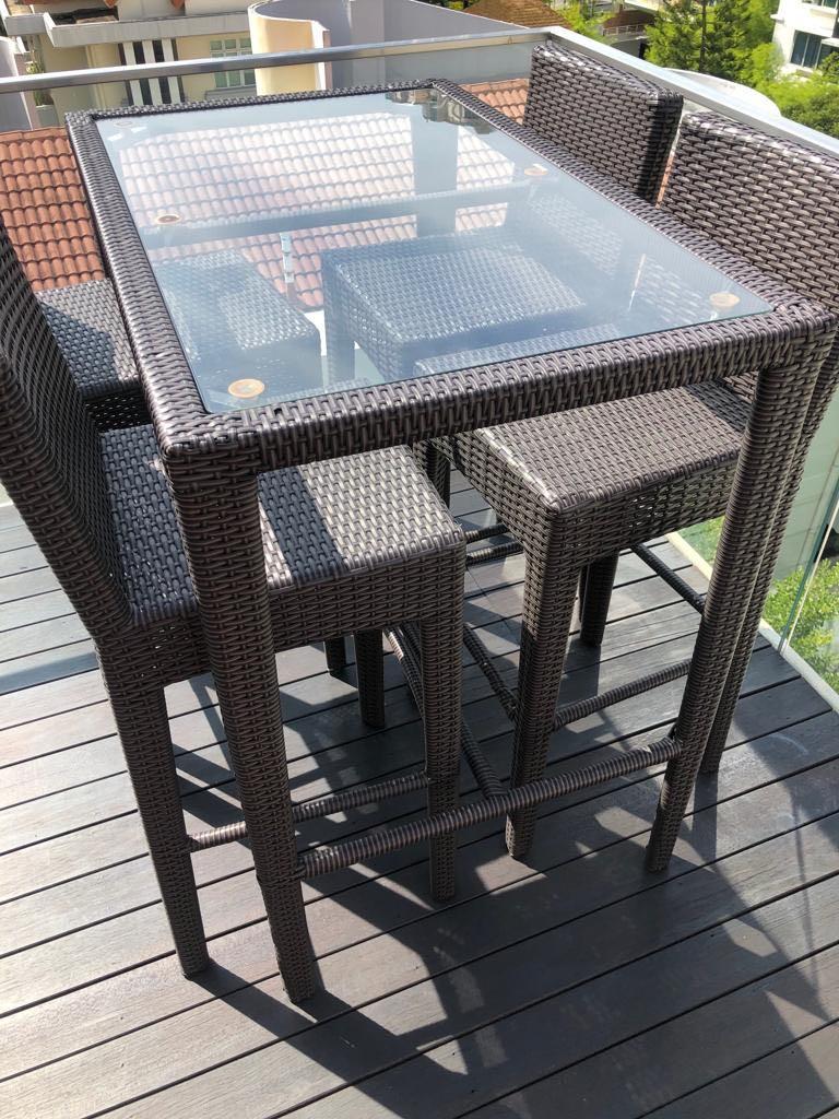 Outdoor high table with chairs and cushions, Furniture & Home Living