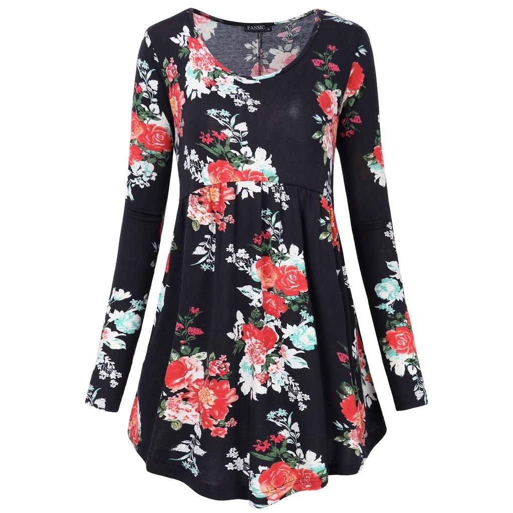 Women Long Sleeve O Neck Waist Segmentation Pleated Medium Length