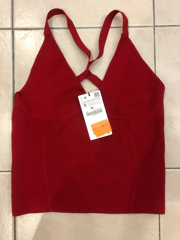 Zara Red Crop Knit Top, Women's Fashion, Tops, Sleeveless on Carousell