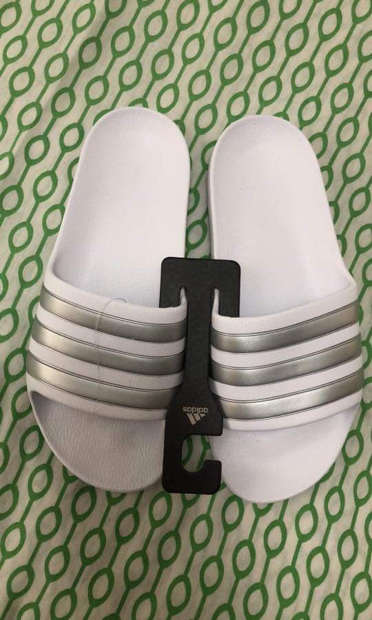 Adidas white silver slides, Women's Fashion, Footwear, Flats & Sandals